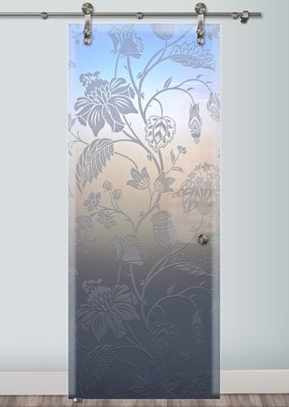 Glass Barn Door with a Frosted Glass Floral Pattern Floral Design for Private by Sans Soucie Art Glass