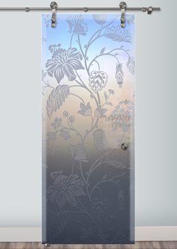 Sliding Glass Barn Door with a Frosted Glass Floral Pattern Floral Design for Private by Sans Soucie Art Glass
