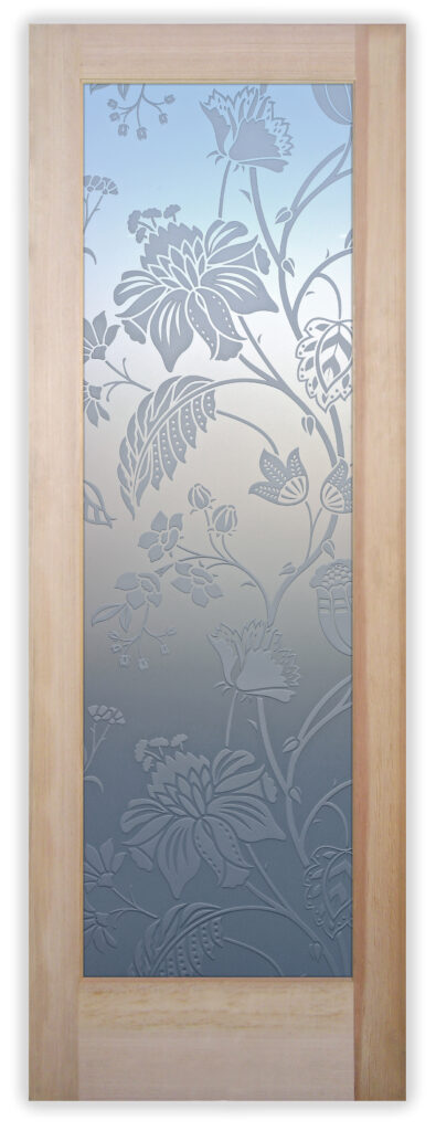 Modern glass farmhouse front door design featuring floral pattern