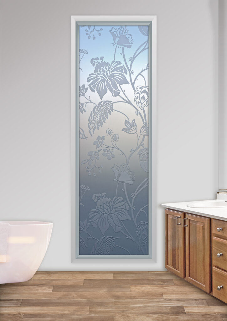 Bathroom window with floral pattern