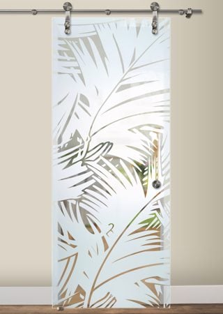 Glass Barn Door featuring a Frosted Glass Tropical Design Sandblast Etched Glass Fronds Design by Sans Soucie
