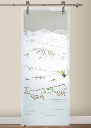 Glass Barn Door featuring a Frosted Glass Western Design Sandblast Etched Glass Galloping in the Vistas Design by Sans Soucie