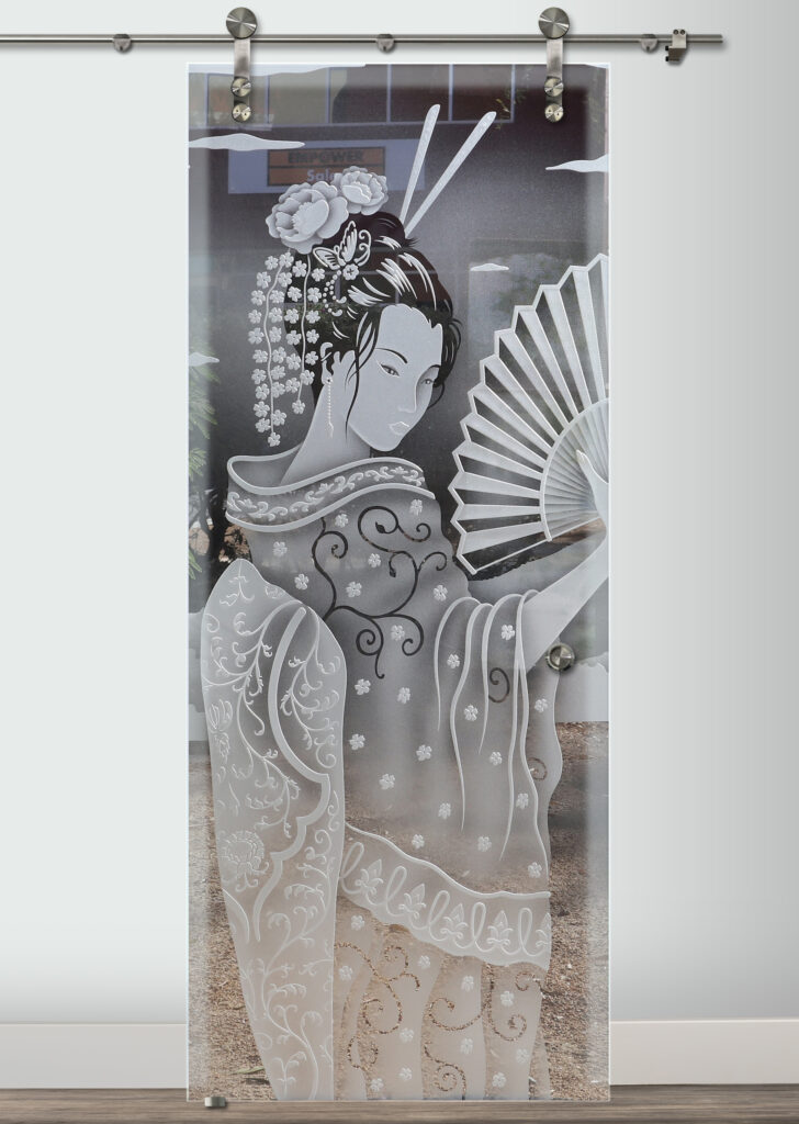 Geisha II 3D carved shaded semi-private design custom barn door with glass - Sans Soucie Art Glass