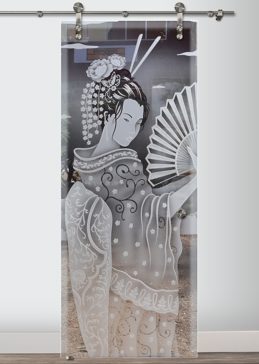 Art Glass Sliding Glass Barn Door Featuring Sandblast Frosted Glass by Sans Soucie for Semi-Private with Asian Geisha II Design