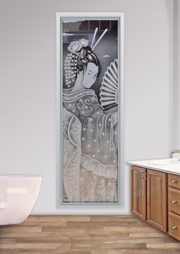 Art Glass Window Featuring Sandblast Frosted Glass by Sans Soucie for Semi-Private with Asian Geisha II Design