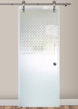 Handcrafted Etched Glass Sliding Glass Barn Door by Sans Soucie Art Glass with Custom Patterns Design Called Gradient Band Creating Not Private
