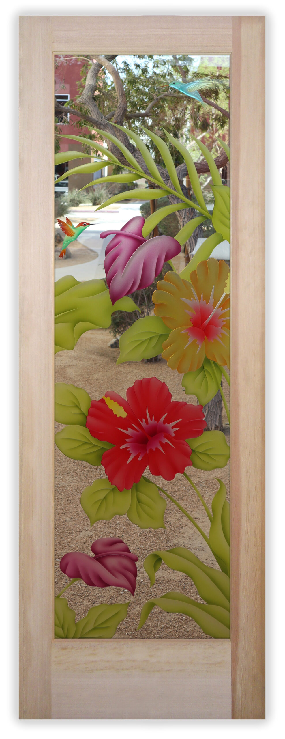 beach house interior door hibiscus anthurium colored glass design