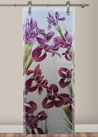 Glass Barn Door with a Frosted Glass Iris III Floral Design for Private by Sans Soucie Art Glass