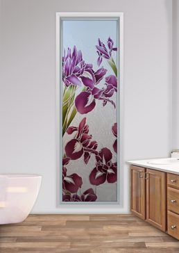 Window with a Frosted Glass Iris III Floral Design for Private by Sans Soucie Art Glass