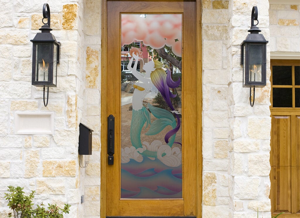 Mermaid Not Private 3D Enhanced Painted Clear Glass Finish Beach Decor Glass Front Entry Door Sans Soucie 