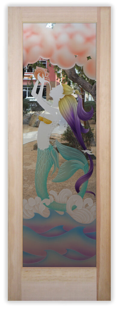 Painted and frosted glass interior door featuring a colorful mermaid with ocean waves and clouds in a coastal beach style