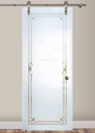 Glass Barn Door with a Frosted Glass Miranda Wrought Iron Design for Semi-Private by Sans Soucie Art Glass