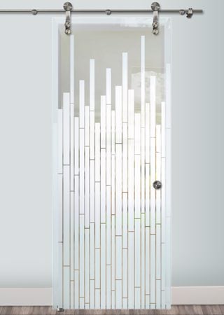 Glass Barn Door featuring Frosted Glass Design Etched Glass by Sans Soucie Art Glass with Custom Geometric Design Mosaics