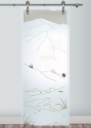 Glass Barn Door with Frosted Glass Desert Mountains Foliage Design by Sans Soucie