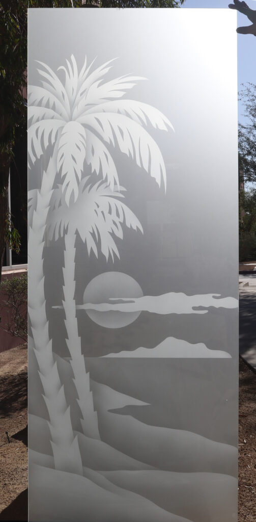 Tropical palm sunset glass entrance design with frosted privacy glass, palm trees, and soft coastal scenery.