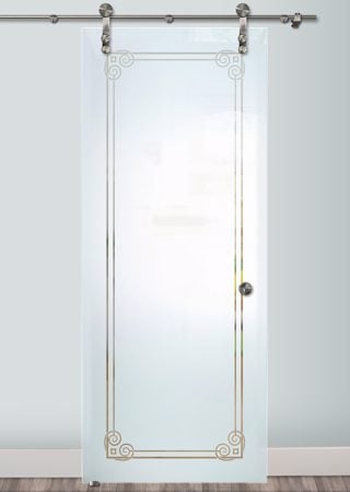 Glass Barn Door featuring a Frosted Glass Borders Design Sandblast Etched Glass Parisian Border Design by Sans Soucie