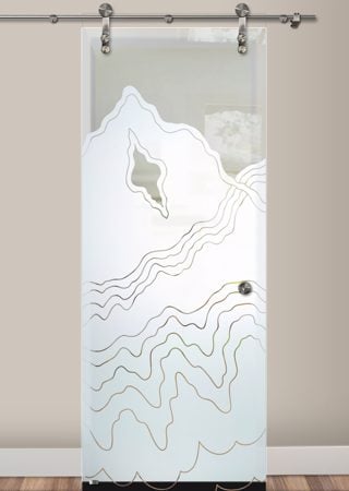 Glass Barn Door showcasing a Frosted Glass Abstract Design with Sandblast Etched Glass Art by Sans Soucie Rugged Retreat Design