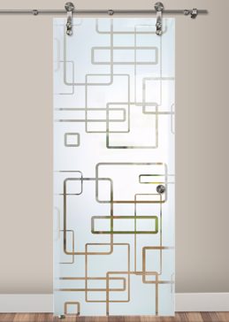 Semi-Private Sliding Glass Barn Door with Sandblast Etched Glass Art by Sans Soucie Featuring Soft Squares Geometric Design