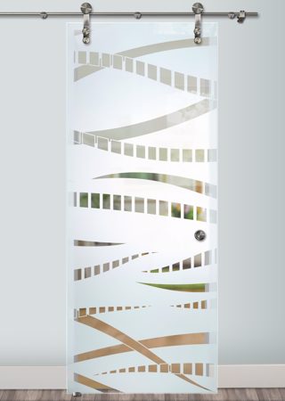 Glass Barn Door with a Frosted Glass Trails Abstract Design for Semi-Private by Sans Soucie Art Glass