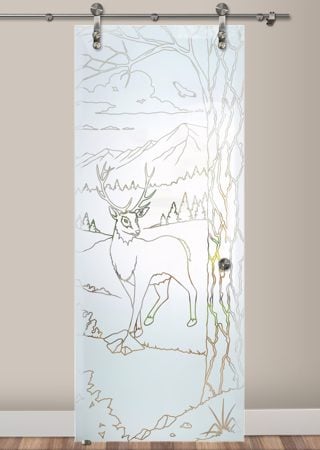 Glass Barn Door with Frosted Glass Wildlife Wandering White Tail Design by Sans Soucie