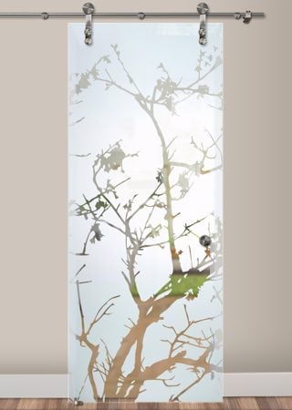 Glass Barn Door with Frosted Glass Asian Wild Cherry Design by Sans Soucie