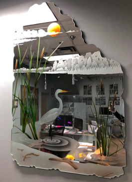 Art Glass Decorative Mirror Featuring Sandblast Frosted Glass by Sans Soucie for Private with Landscapes Egret in the Marsh Design