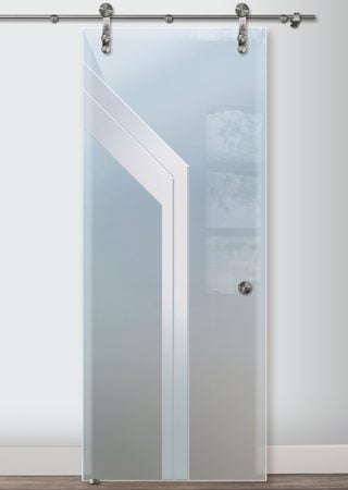 Glass Barn Door with Frosted Glass Geometric Angled Bands Design by Sans Soucie