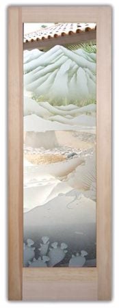 Interior Door showcasing a Frosted Glass Desert Design with Sandblast Etched Glass Art by Sans Soucie Desert Lizard & Pear Cactus Design