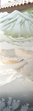 Door Glass Insert showcasing a Frosted Glass Desert Design with Sandblast Etched Glass Art by Sans Soucie Desert Lizard & Pear Cactus Design