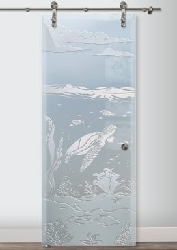 Sliding Glass Barn Door with Frosted Glass Oceanic Aquarium Sea Turtle Design by Sans Soucie