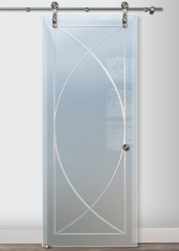 Private Sliding Glass Barn Door with Sandblast Etched Glass Art by Sans Soucie Featuring Arcs Geometric Design