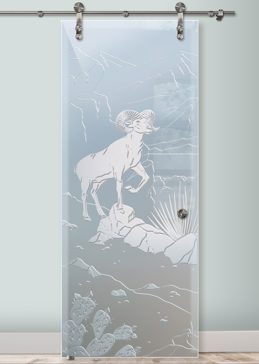 Handmade Sandblasted Frosted Glass Sliding Glass Barn Door for Private Featuring a Wildlife Design Bighorn by Sans Soucie