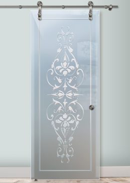 Art Glass Sliding Glass Barn Door Featuring Sandblast Frosted Glass by Sans Soucie for Private with Traditional Bordeaux Design