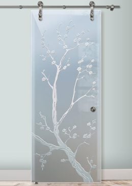 Glass Barn Door with Frosted Glass Asian Cherry Blossom Design by Sans Soucie