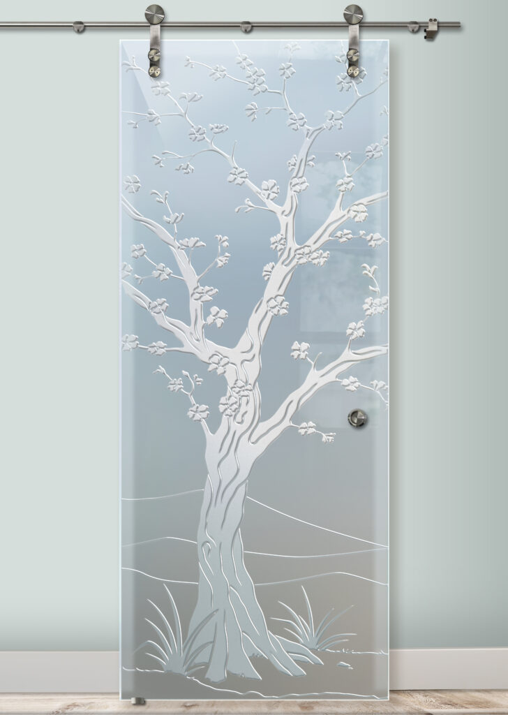 Cherry Blossom Private 3D Frosted Glass Barn Door Interior Glass Doors Sans Soucie 