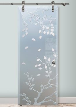 Private Sliding Glass Barn Door with Sandblast Etched Glass Art by Sans Soucie Featuring Cherry Tree Asian Design