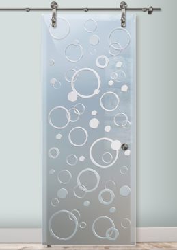 Private Sliding Glass Barn Door with Sandblast Etched Glass Art by Sans Soucie Featuring Circularity Geometric Design