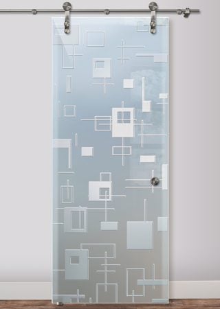 Glass Barn Door with a Frosted Glass Cross Bars Geometric Design for Semi-Private by Sans Soucie Art Glass