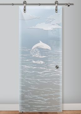 Handcrafted Etched Glass Sliding Glass Barn Door by Sans Soucie Art Glass with Custom Oceanic Design Called Dolphins in the Shimmer Creating Private