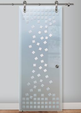 Private Sliding Glass Barn Door with Sandblast Etched Glass Art by Sans Soucie Featuring Falling Squares Geometric Design