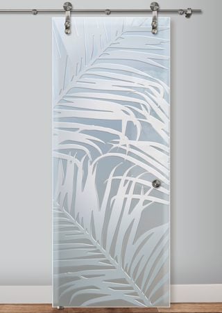 Glass Barn Door featuring a Frosted Glass Tropical Design Sandblast Etched Glass Fern Leaves Design by Sans Soucie