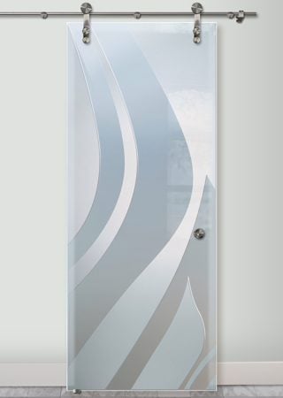 Glass Barn Door featuring a Frosted Glass Abstract Design Sandblast Etched Glass Flow Design by Sans Soucie