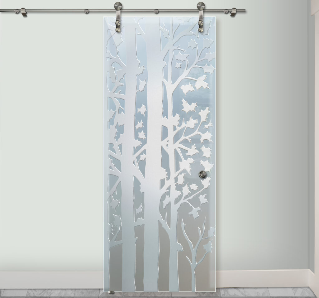 Barn door with private carved glass design Forest Trees