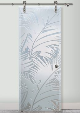 Handmade Sandblasted Frosted Glass Sliding Glass Barn Door for Private Featuring a Tropical Design Fronds by Sans Soucie