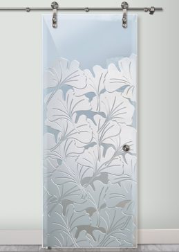 Art Glass Sliding Glass Barn Door Featuring Sandblast Frosted Glass by Sans Soucie for Private with Asian Ginkgo Design