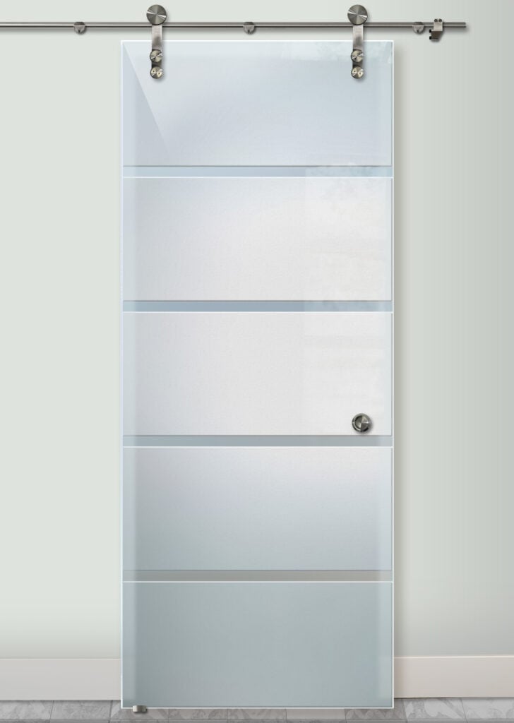 Best frosted glass barn door for master bathroom with wide horizontal frosted bands for a clean, modern, private look.