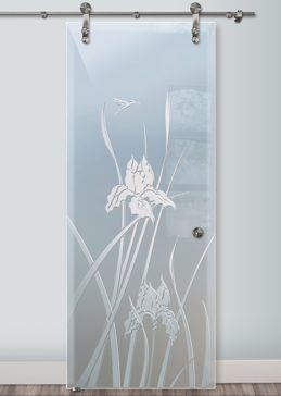 Handmade Sandblasted Frosted Glass Sliding Glass Barn Door for Private Featuring a Floral Design Iris Hummingbird by Sans Soucie
