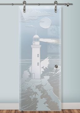 Handcrafted Etched Glass Sliding Glass Barn Door by Sans Soucie Art Glass with Custom Oceanic Design Called Lighthouse Beaming Creating Private