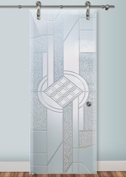 Handmade Sandblasted Frosted Glass Sliding Glass Barn Door for Private Featuring a Abstract Design Matrix Chardonnay by Sans Soucie