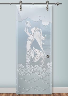 Sliding Glass Barn Door with Frosted Glass Oceanic Mermaid Design by Sans Soucie